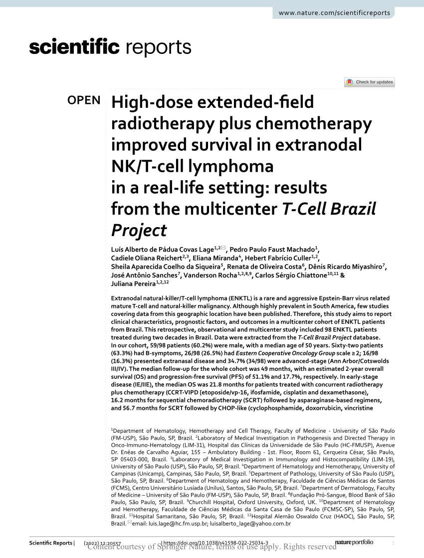 PDF) High-dose extended-field radiotherapy plus chemotherapy improved survival in extranodal NK/T-cell lymphoma in a real-life setting results from the multicenter T-Cell Brazil Project foto