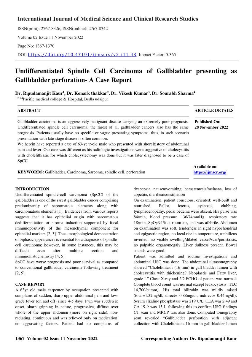 (PDF) Undifferentiated Spindle Cell Carcinoma of Gallbladder presenting