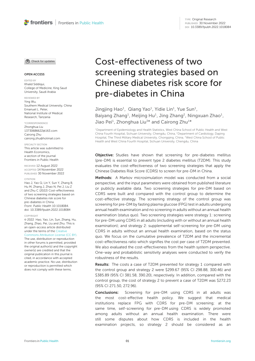 (PDF) Costeffectiveness of two screening strategies based on Chinese