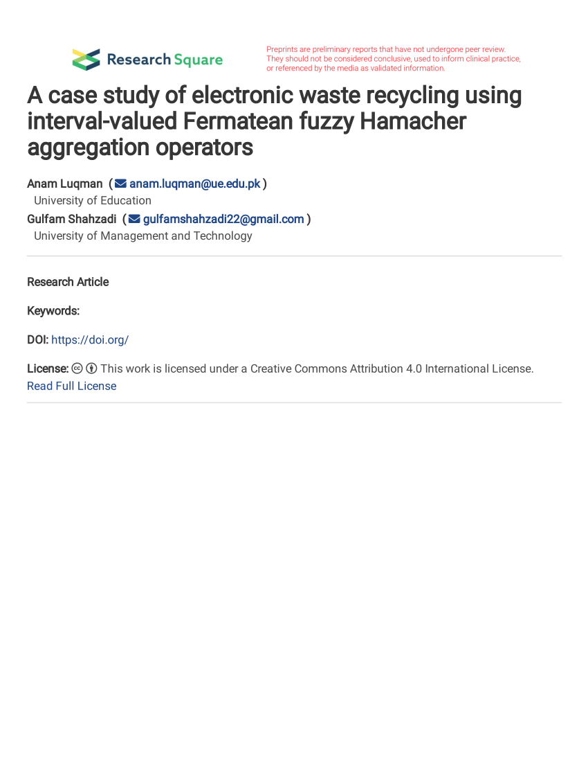 PDF) A case study of electronic waste recycling interval-valued Fermatean fuzzy Hamacher operators