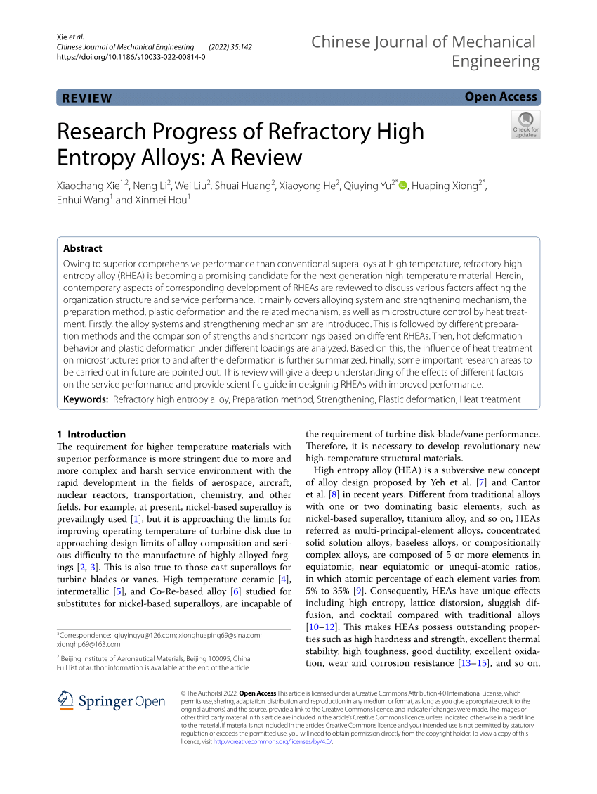 PDF) Research Progress of Refractory High Entropy Alloys: A Review