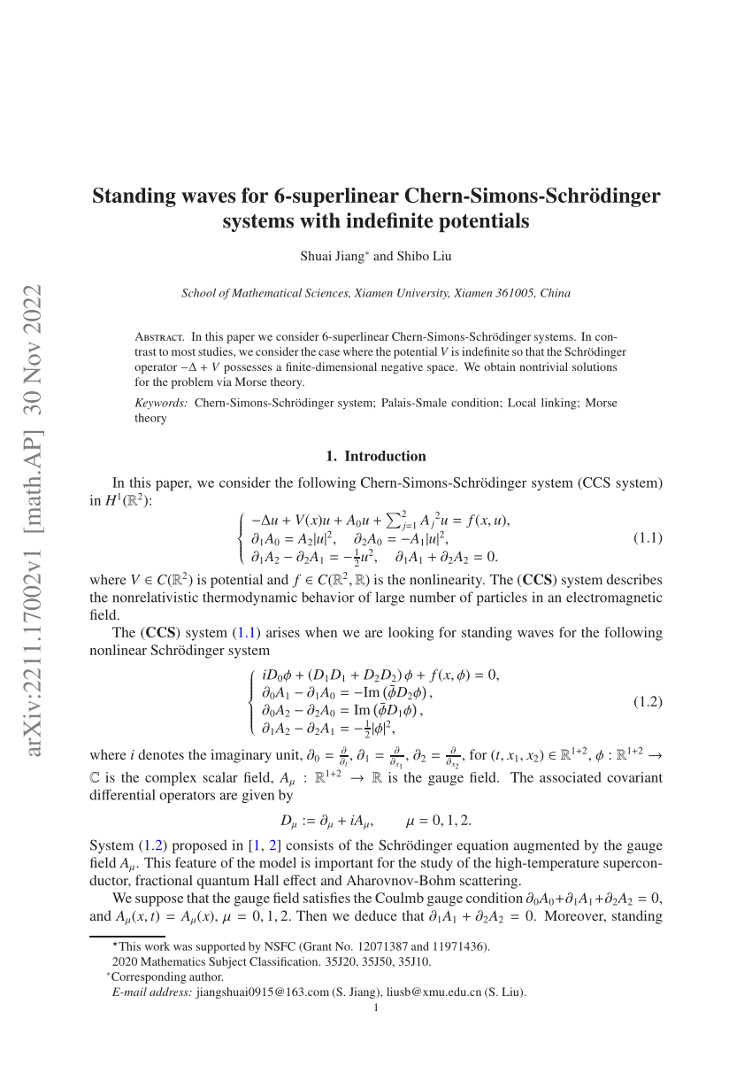 PDF) Standing waves for 6-superlinear Chern-Simons-Schr\