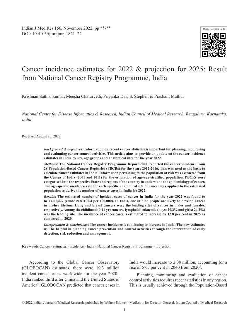 Pdf Cancer Incidence Estimates For 2022 And Projection For 2025 Result