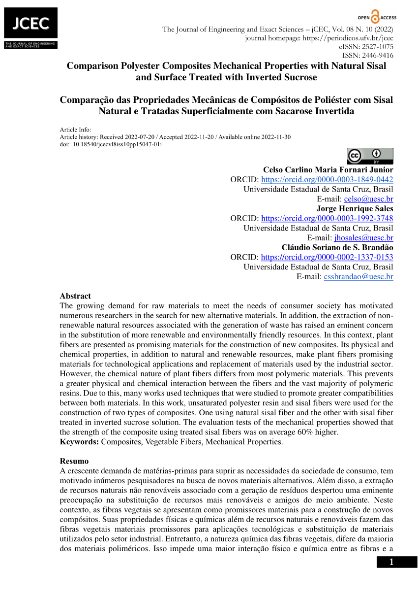 Pdf Comparação Das Propriedades Mecânicas De Compósitos De Poliéster Com Sisal Natural E 8067