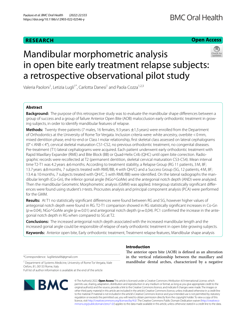 Pdf Mandibular Morphometric Analysis In Open Bite Early Treatment Relapse Subjects A 7929