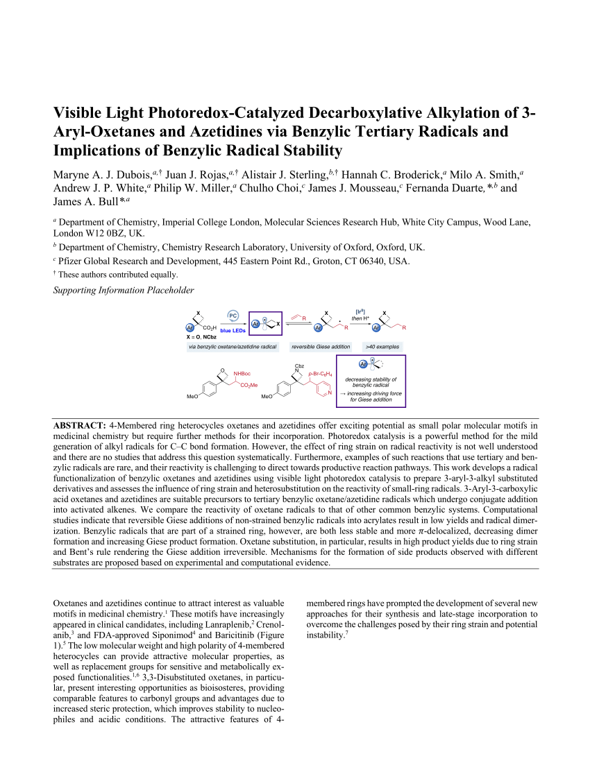 PDF) Visible Light Photoredox-Catalyzed Decarboxylative Alkylation of  3-Aryl-Oxetanes and Azetidines via Benzylic Tertiary Radicals and  Implications of Benzylic Radical Stability