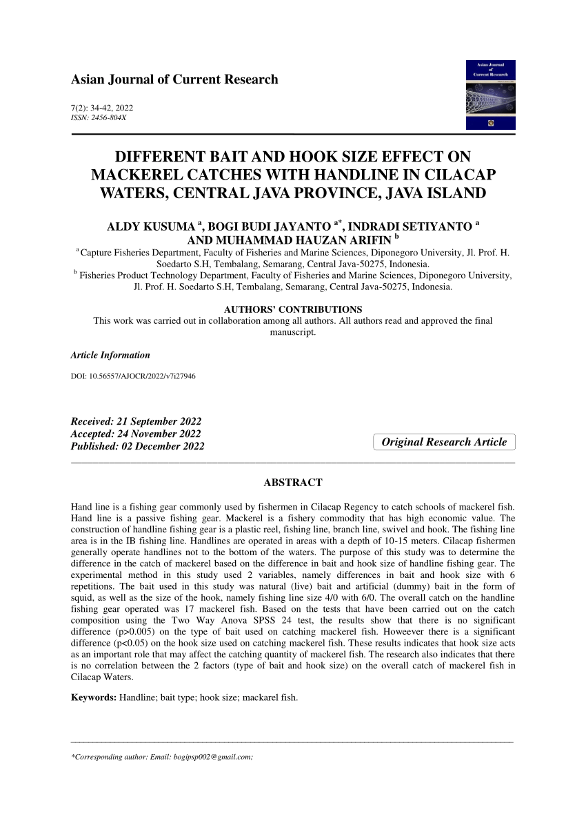 PDF) DIFFERENT BAIT AND HOOK SIZE EFFECT ON MACKEREL CATCHES WITH HANDLINE  IN CILACAP WATERS, CENTRAL JAVA PROVINCE, JAVA ISLAND