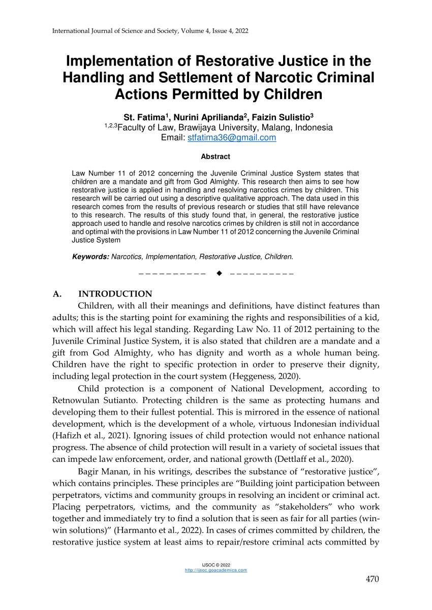 Pdf Implementation Of Restorative Justice In The Handling And Settlement Of Narcotic Criminal 4637