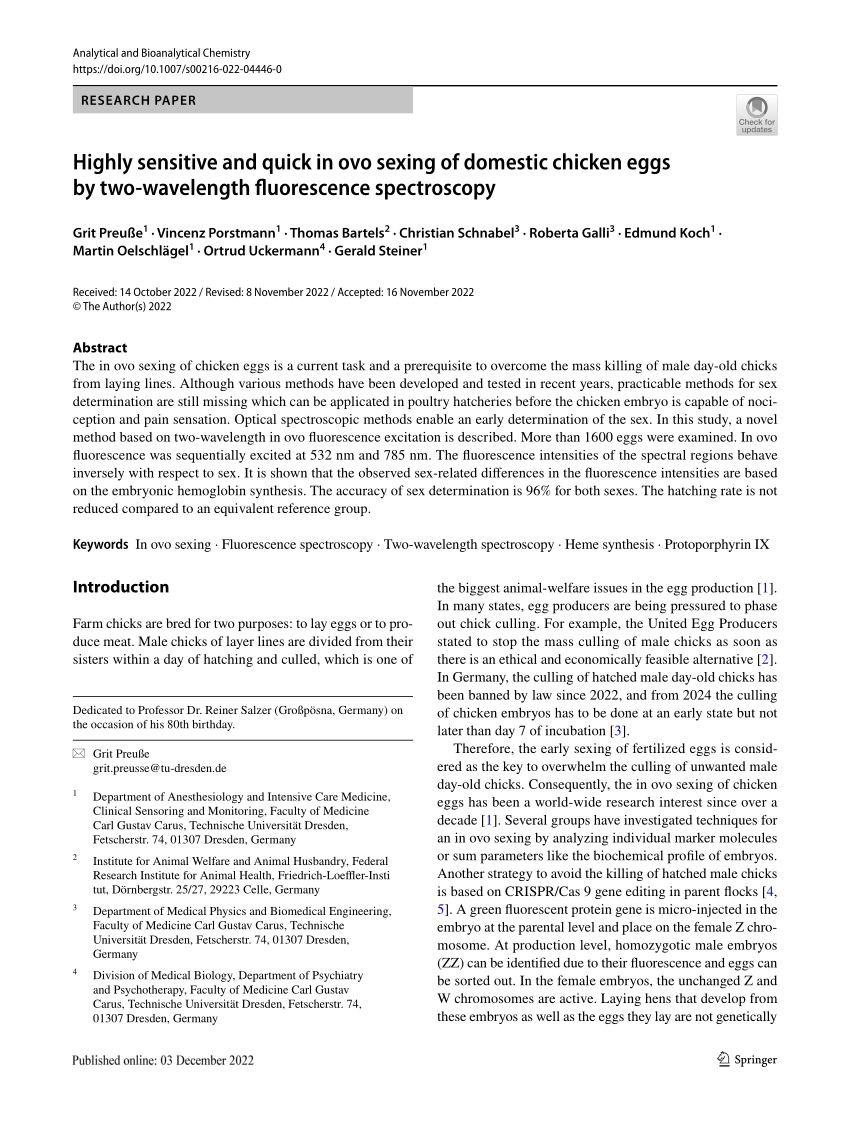 Pdf Highly Sensitive And Quick In Ovo Sexing Of Domestic Chicken Eggs By Two Wavelength 2795