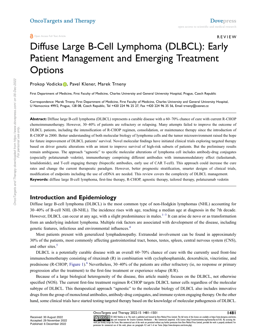 Pdf Diffuse Large B Cell Lymphoma Dlbcl Early Patient Management And Emerging Treatment Options 