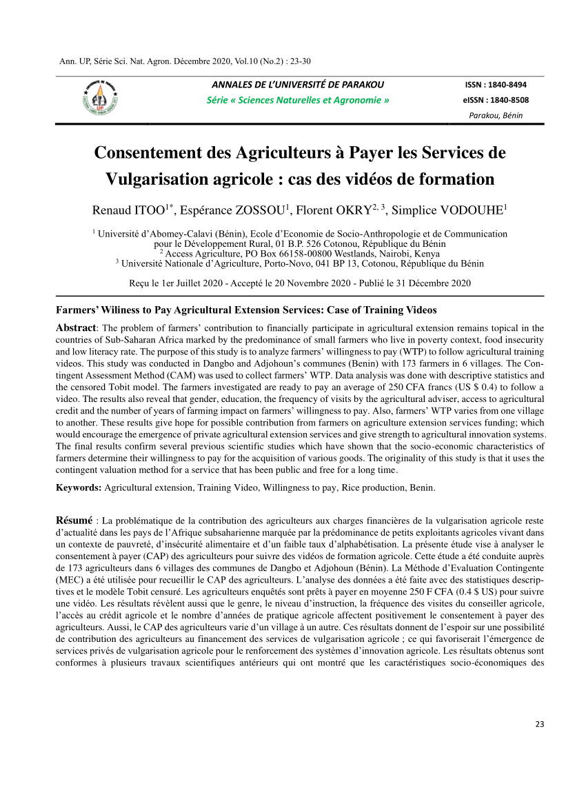 Pdf Consentement Des Agriculteurs à Payer Les Services De Vulgarisation Agricole Cas Des 9780