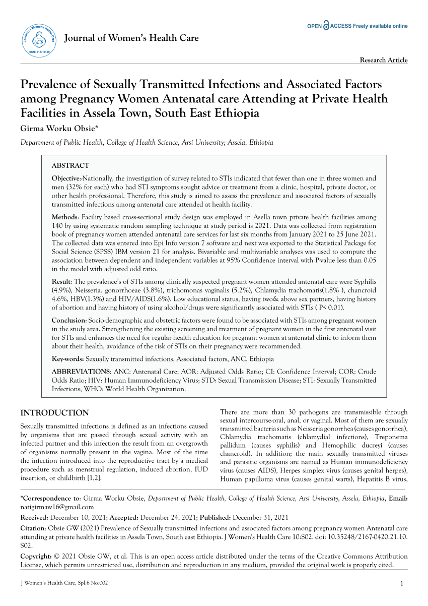 Pdf Prevalence Of Sexually Transmitted Infections And Associated Factors Among Pregnancy Women 5676