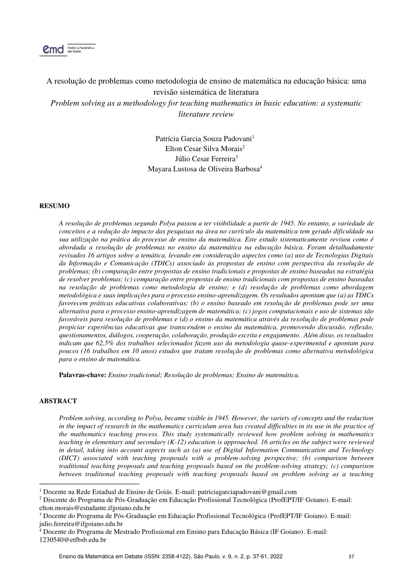PDF) Cenário das pesquisas envolvendo elaboração e resolução de problemas  em periódicos e eventos científicos