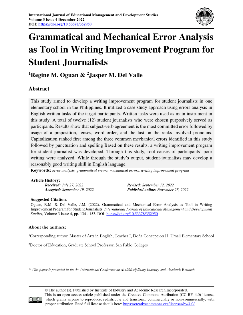 (PDF) Grammatical and Mechanical Error Analysis as Tool in Writing