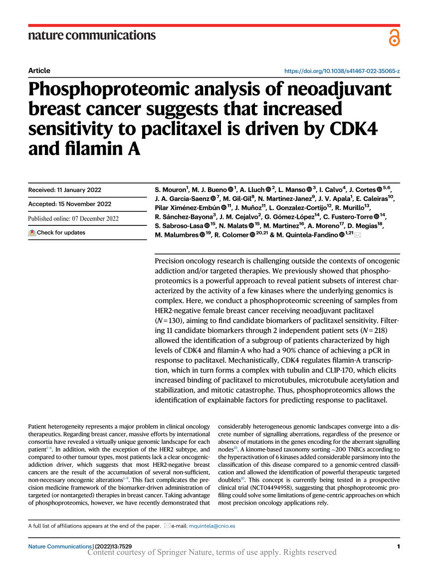 PDF) Phosphoproteomic analysis of neoadjuvant breast cancer suggests that  increased sensitivity to paclitaxel is driven by CDK4 and filamin A
