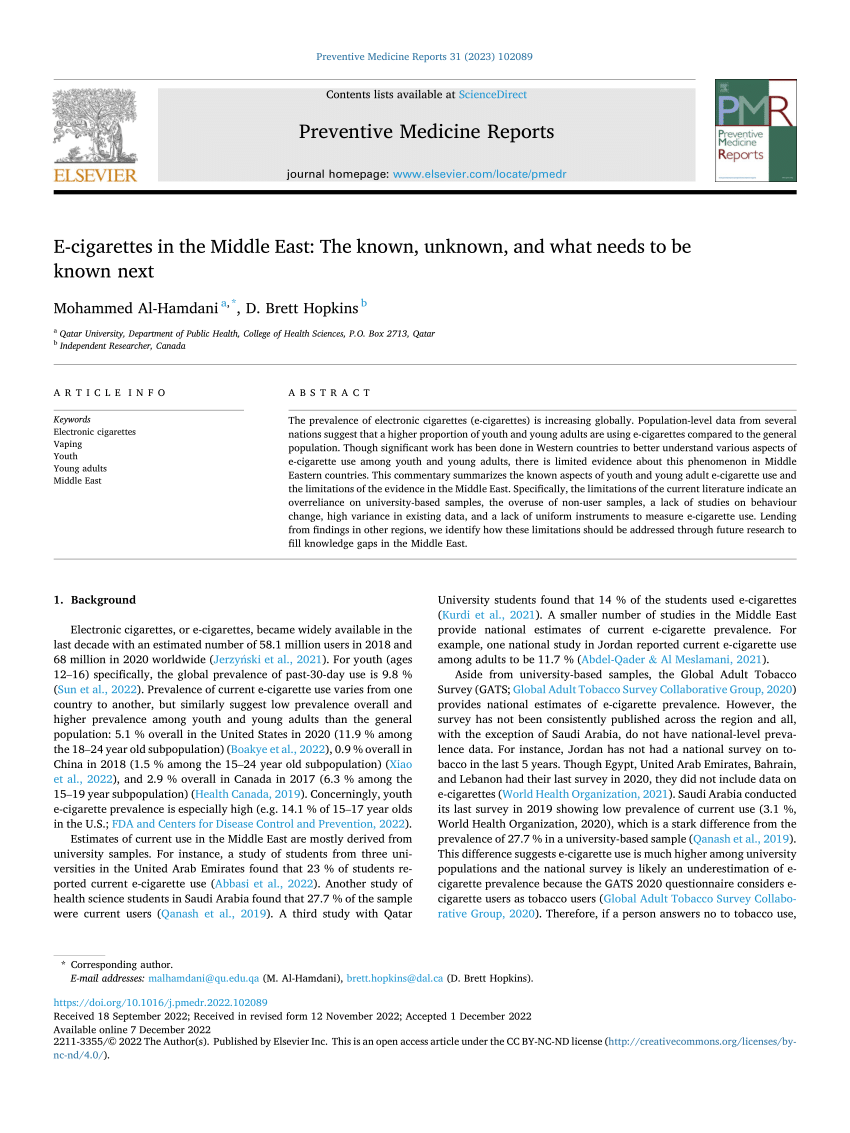 PDF E cigarettes in the Middle East The known unknown and what