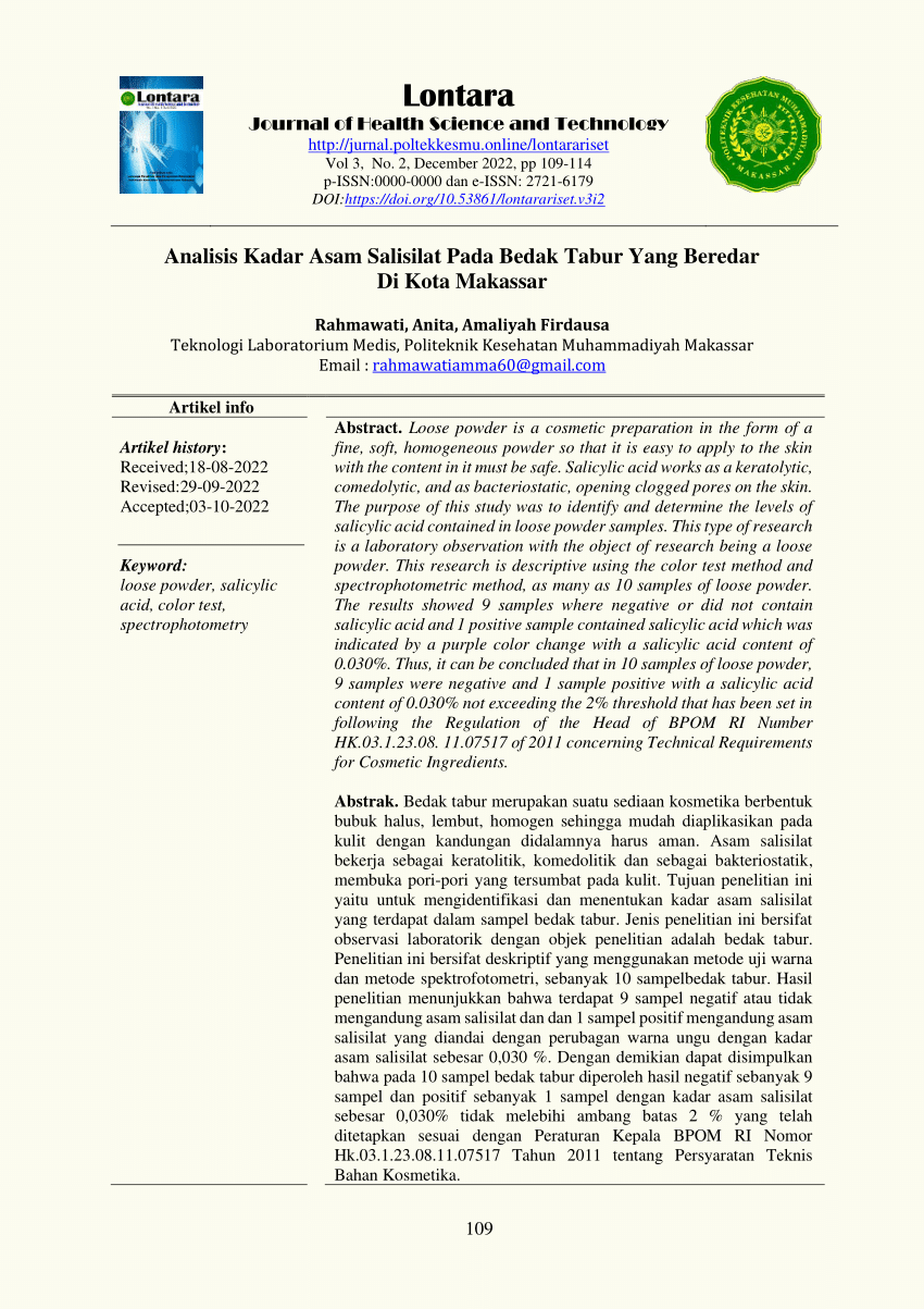 Pdf Analisis Kadar Asam Salisilat Pada Bedak Tabur Yang Beredar Di Kota Makassar 0112