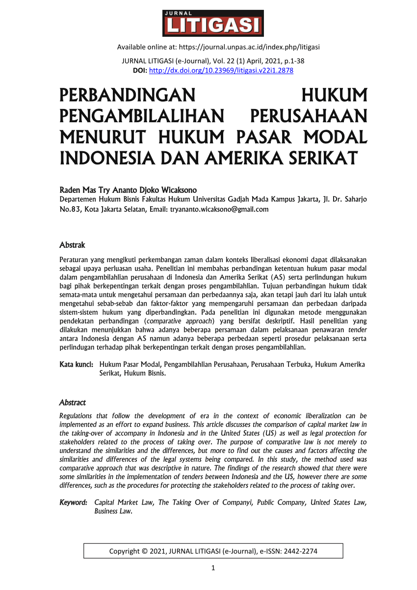 Pdf Perbandingan Hukum Pengambilalihan Perusahaan Menurut Hukum Pasar