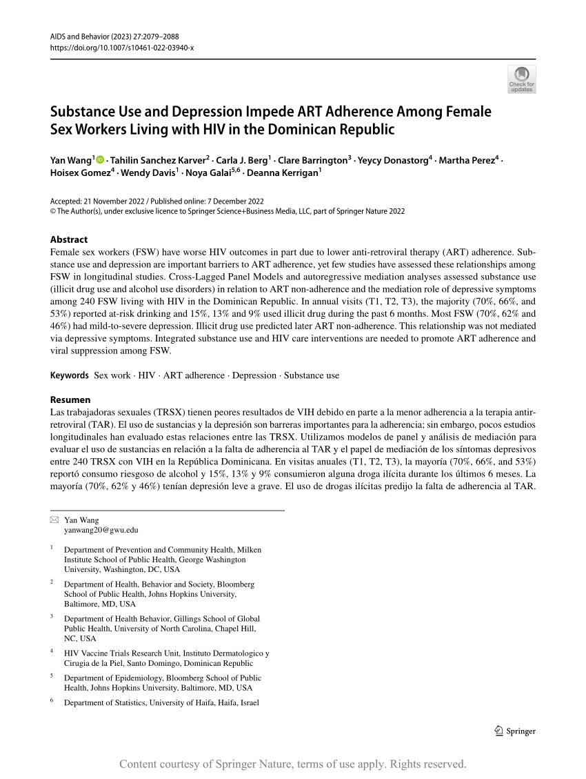 Substance Use And Depression Impede Art Adherence Among Female Sex Workers Living With Hiv In 6171