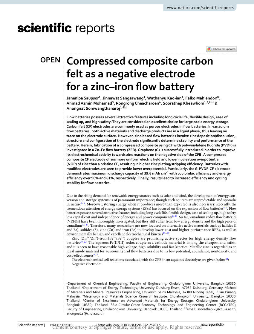 Compressed composite carbon felt as a negative electrode for a zinc–iron  flow battery