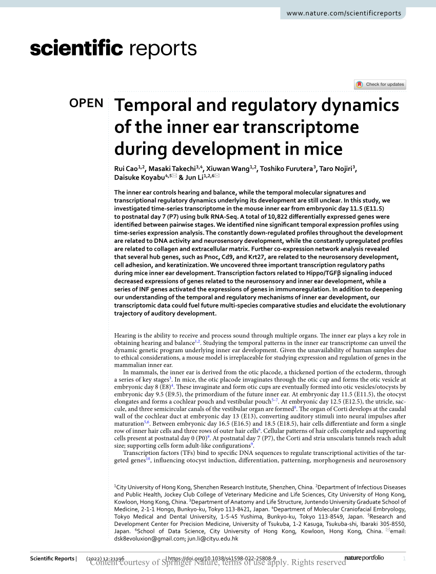 PDF) Temporal and regulatory dynamics of the inner ear transcriptome during  development in mice