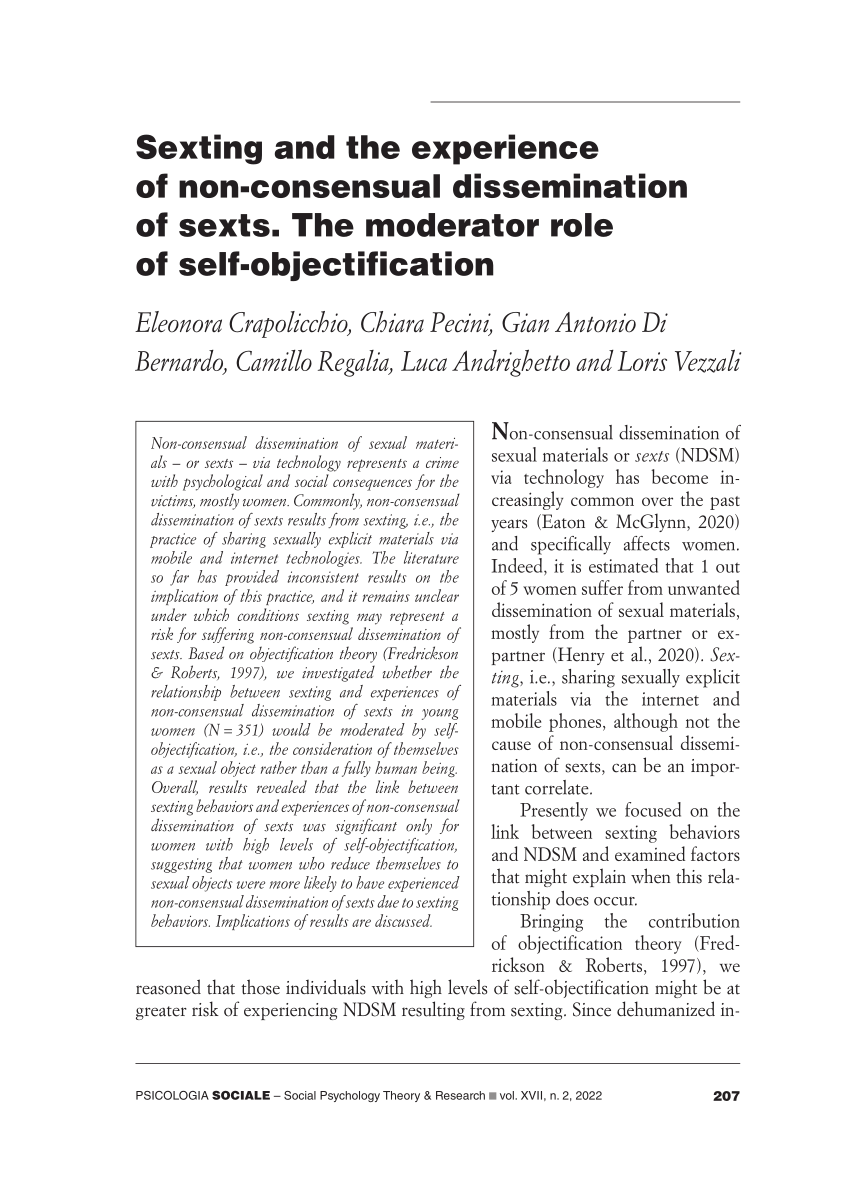 PDF) Sexting and the experience of non-consensual dissemination of sexts.  The moderator role of self-objectification.