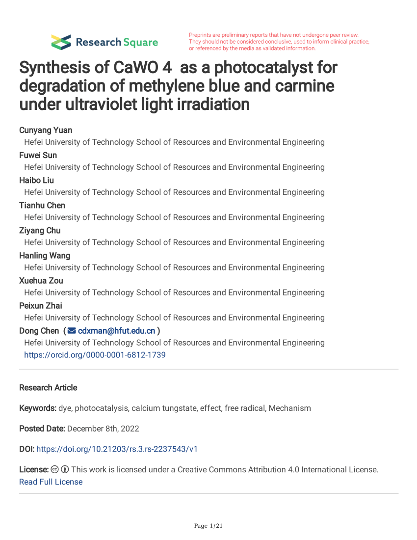 PDF) Synthesis of CaWO 4 as a photocatalyst for degradation of 