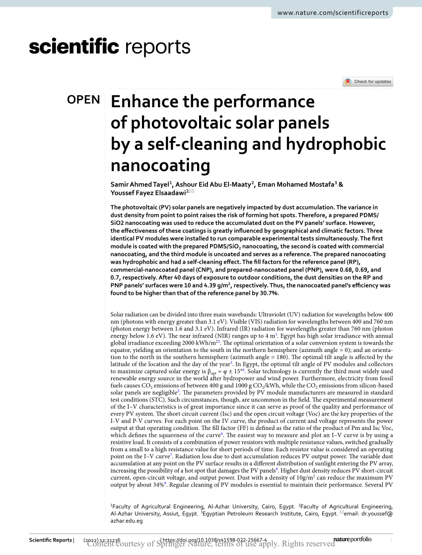 Enhance the performance of photovoltaic solar panels by a self-cleaning and  hydrophobic nanocoating