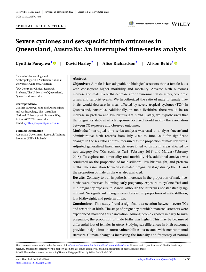 Pdf Severe Cyclones And Sex‐specific Birth Outcomes In Queensland