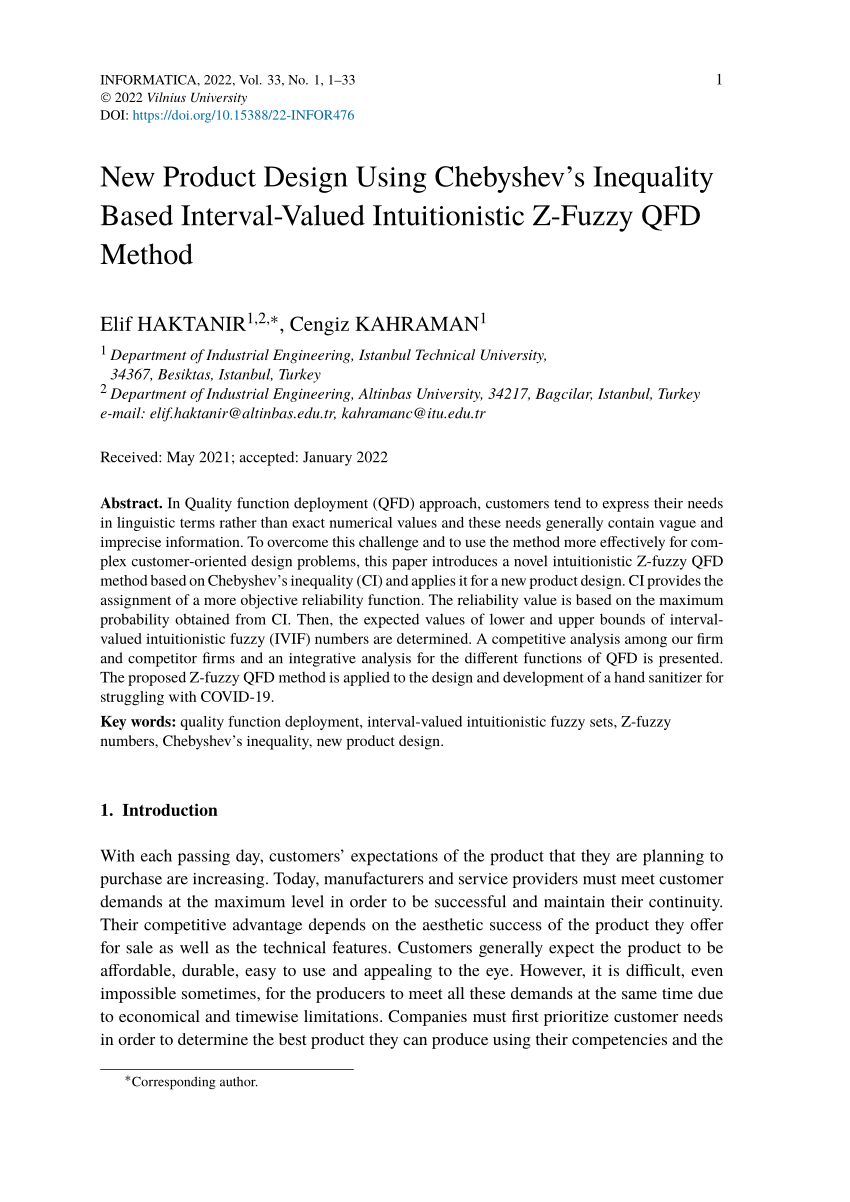 PDF) New Product Design Using Chebyshev's Inequality Based Interval-Valued  Intuitionistic Z-Fuzzy QFD Method