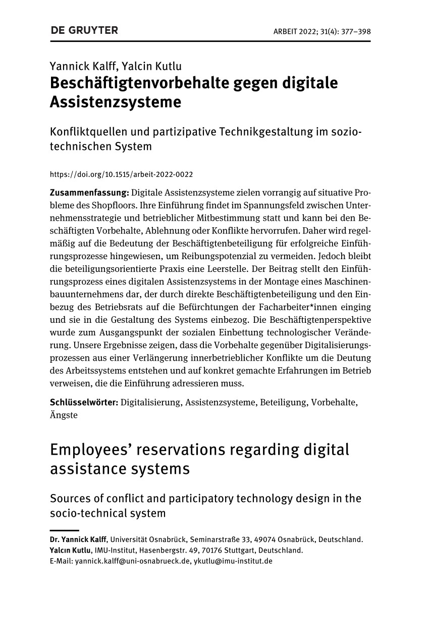 PDF) Beschäftigtenvorbehalte gegen digitale Assistenzsysteme:  Konfliktquellen und partizipative Technikgestaltung im soziotechnischen  System