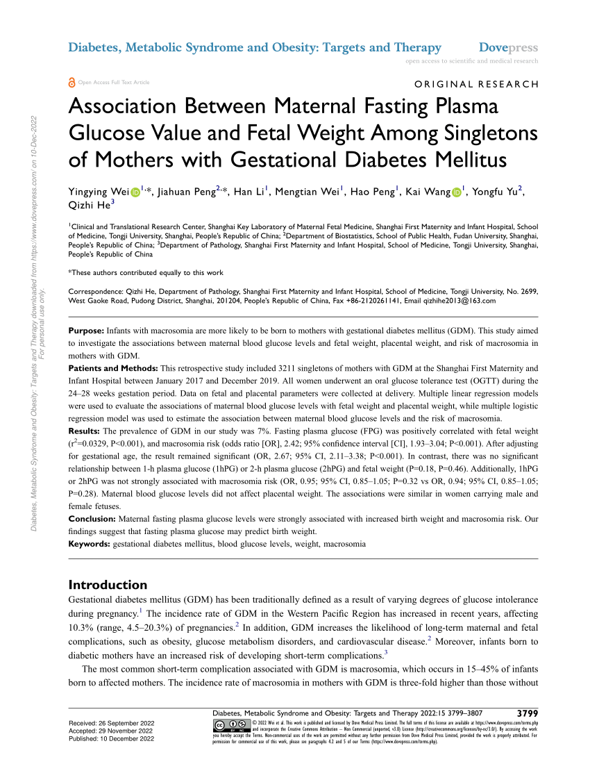 Pdf Association Between Maternal Fasting Plasma Glucose Value And Fetal Weight Among 6481