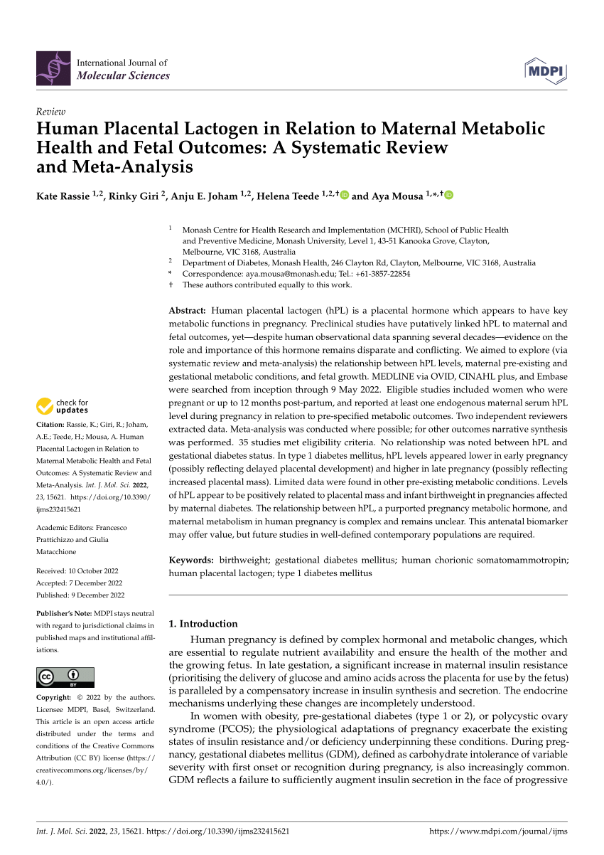 (PDF) Human Placental Lactogen in Relation to Maternal Metabolic Health