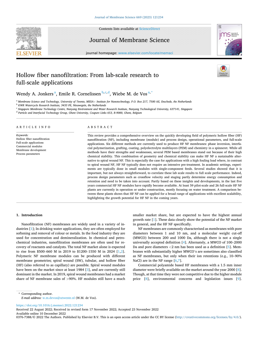 PDF) Hollow fiber nanofiltration: From lab-scale research to full