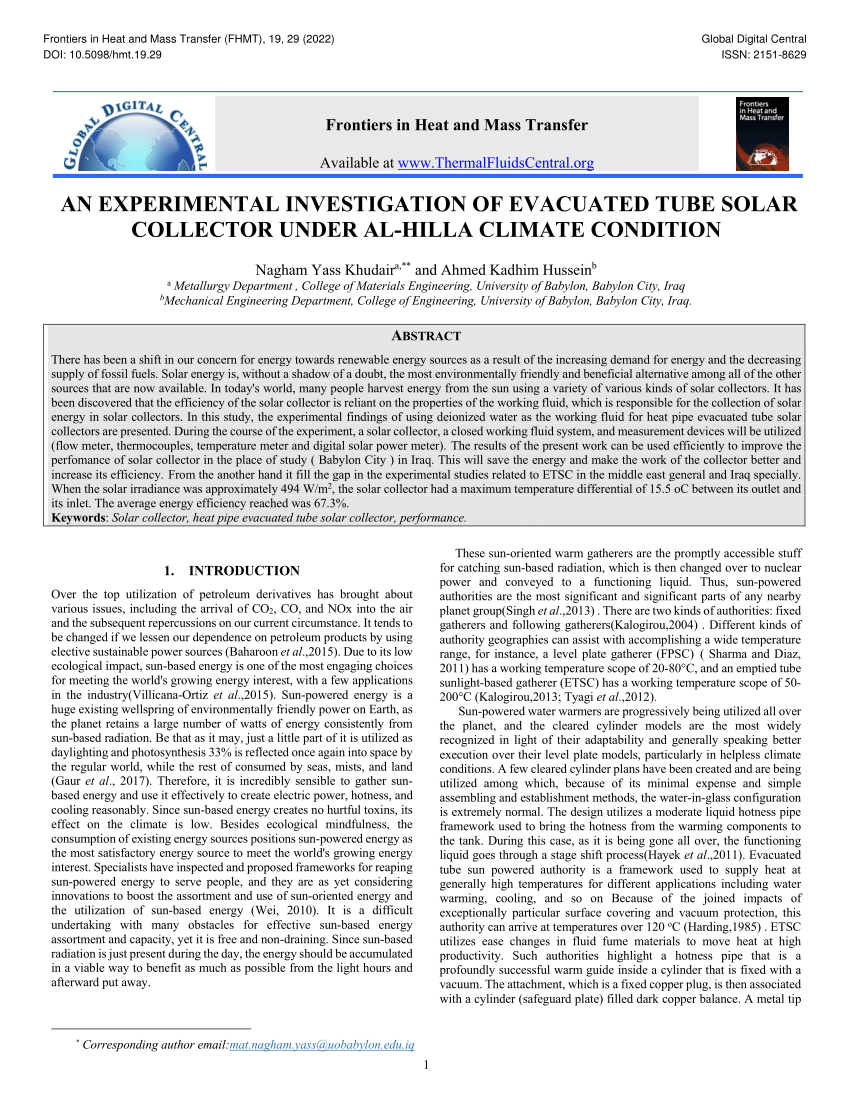 PDF) AN EXPERIMENTAL INVESTIGATION OF EVACUATED TUBE SOLAR COLLECTOR UNDER  AL-HILLA CLIMATE CONDITION