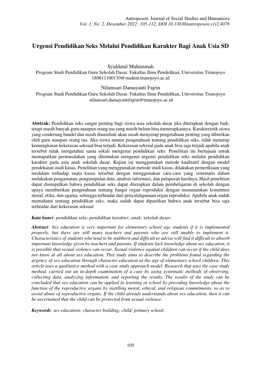 PDF) Urgensi Pendidikan Seks melalui Pendidikan Karakter bagi Anak Usia SD