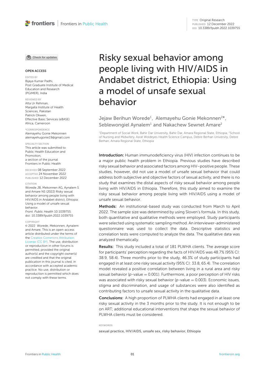 Pdf Risky Sexual Behavior Among People Living With Hivaids In Andabet District Ethiopia
