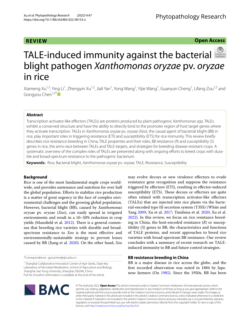 PDF) TALE-induced immunity against the bacterial blight pathogen 