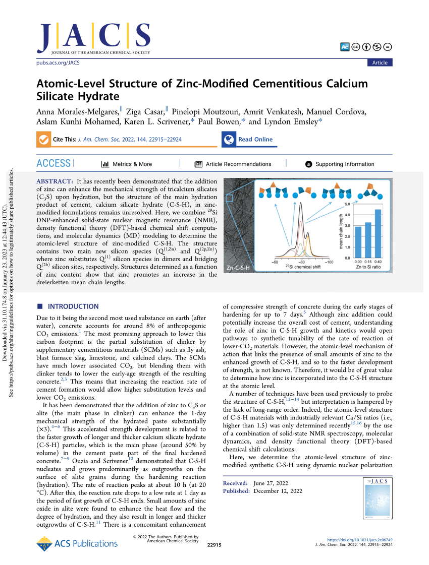 Pdf Atomic Level Structure Of Zinc Modified Cementitious Calcium Silicate Hydrate 