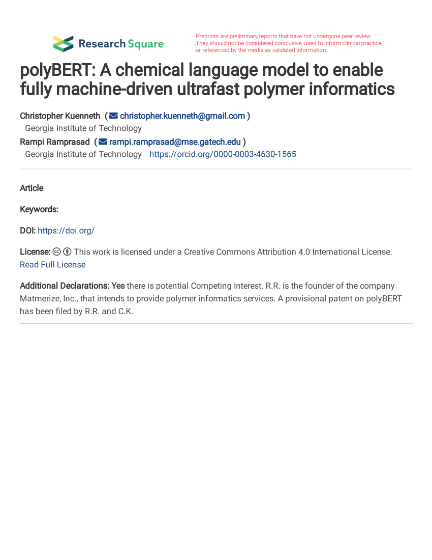PDF) polyBERT: A chemical language model to enable fully machine-driven  ultrafast polymer informatics