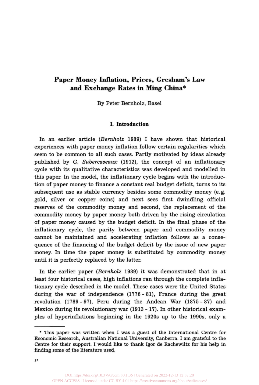PDF) Paper Money Inflation, Prices, Gresham's Law and Exchange