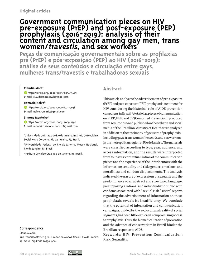 PDF) Government communication pieces on HIV pre-exposure (PrEP) and post-exposure  (PEP) prophylaxis (2016-2019): analysis of their content and circulation  among gay men, trans women/travestis, and sex workers