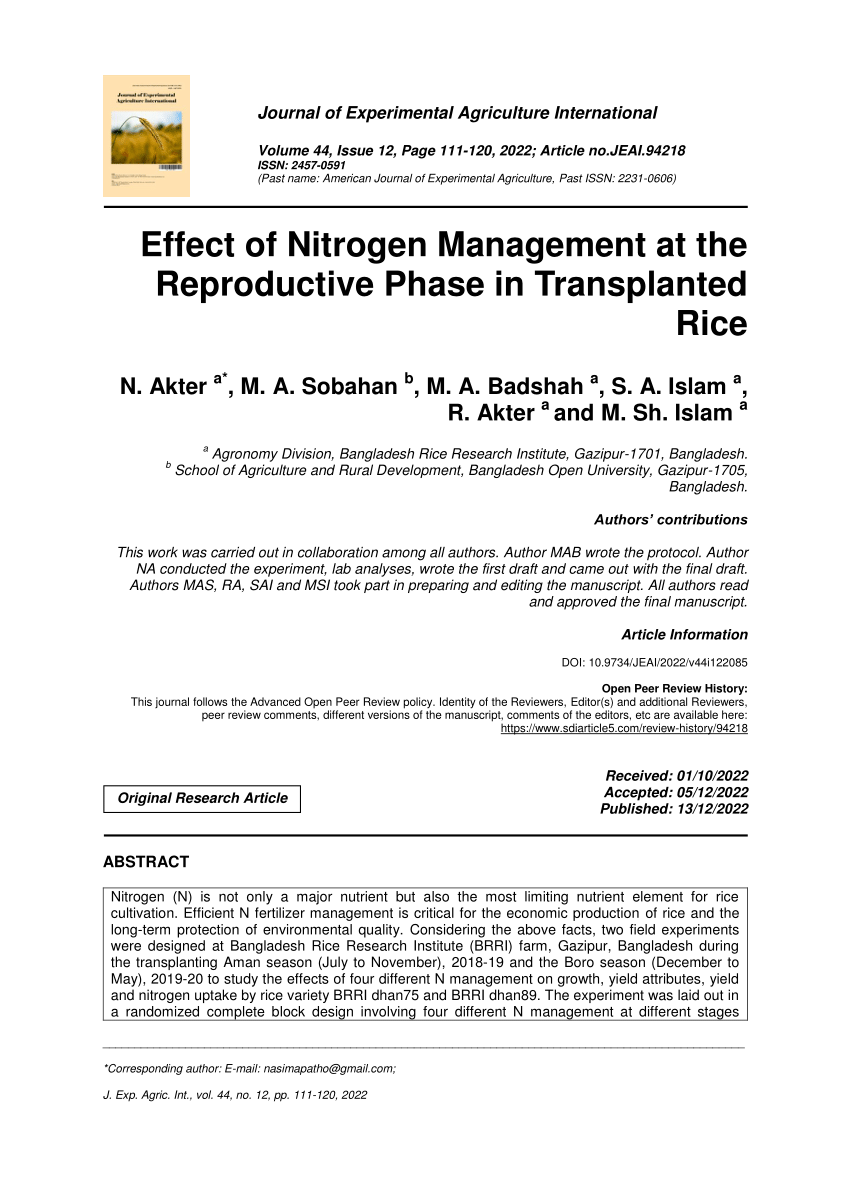 Pdf Effect Of Nitrogen Management At The Reproductive Phase In Transplanted Rice 