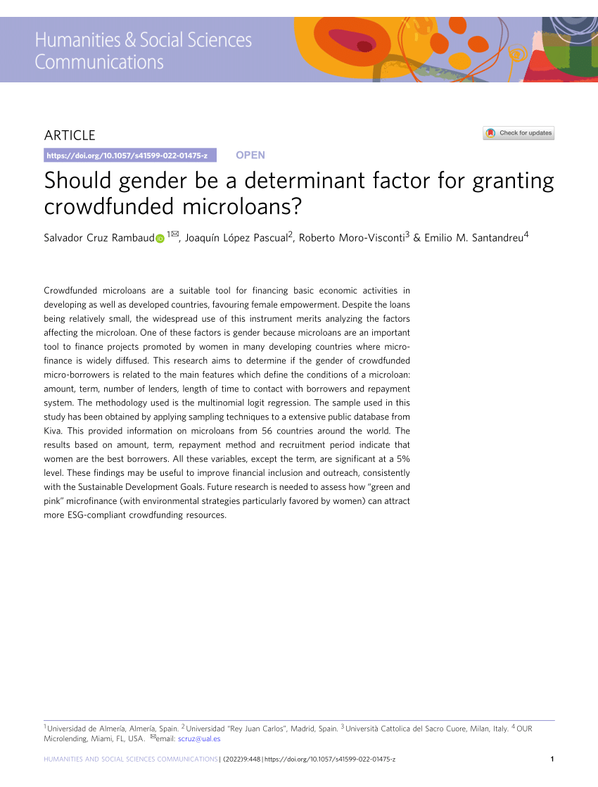 PDF) Should gender be a determinant factor for granting crowdfunded  microloans?