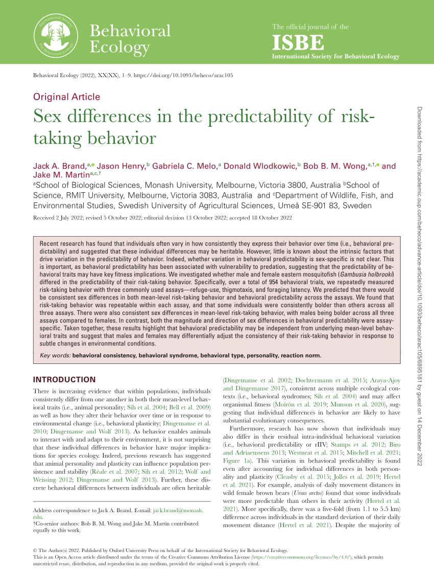 PDF) Sex differences in the predictability of risk-taking behavior