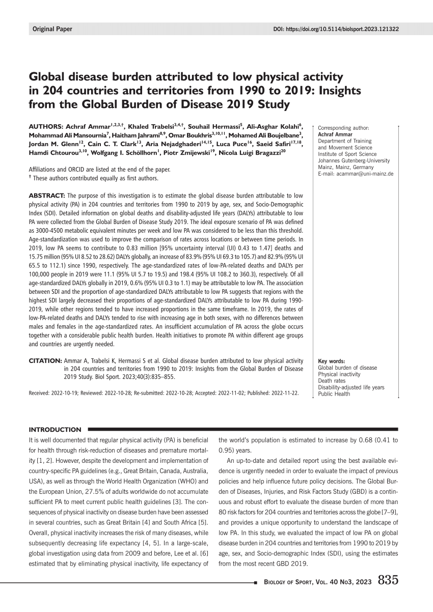 Pdf Global Disease Burden Attributed To Low Physical Activity In 204 Countries And Territories