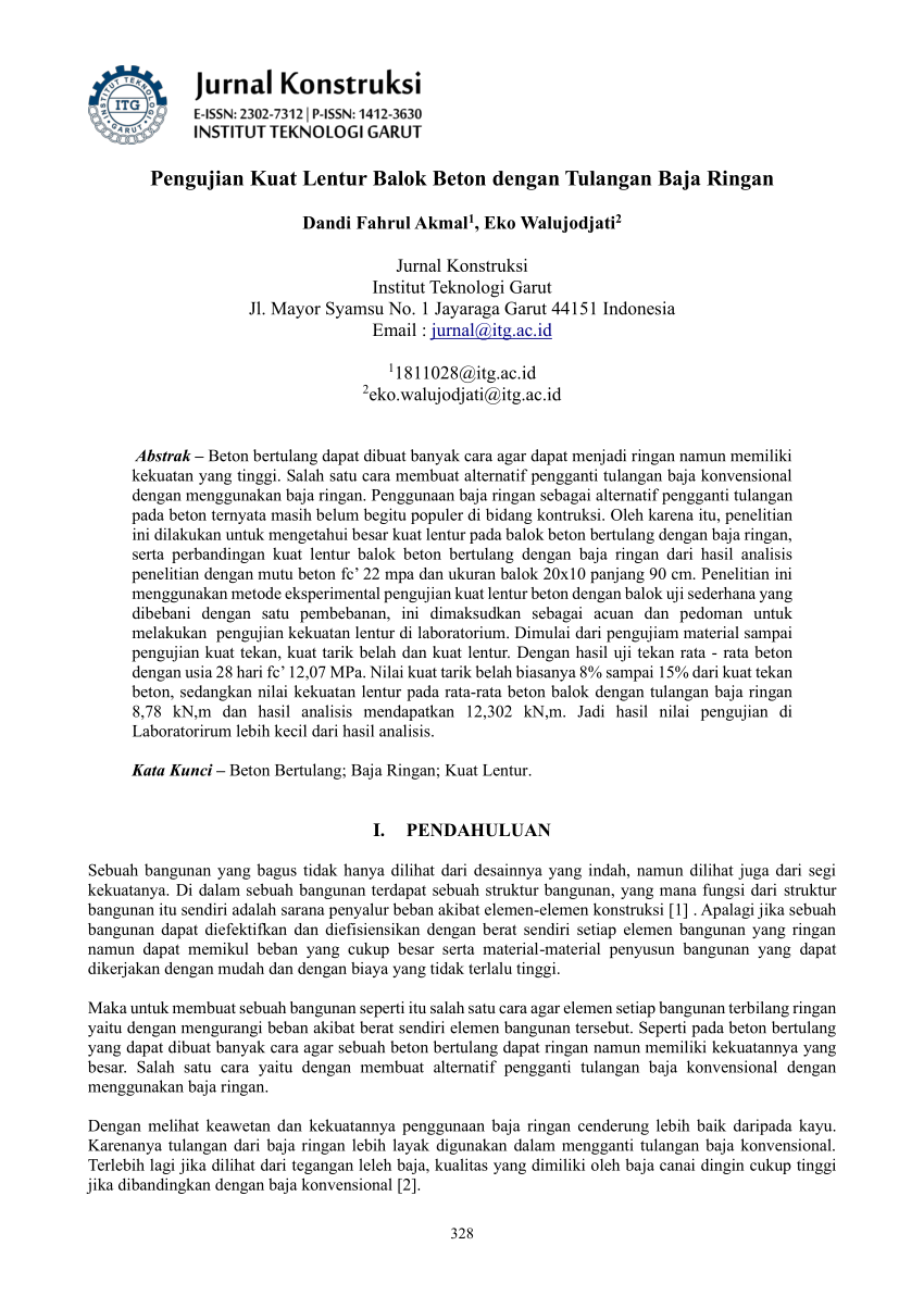 Pdf Pengujian Kuat Lentur Balok Beton Dengan Tulangan Baja Ringan 1977