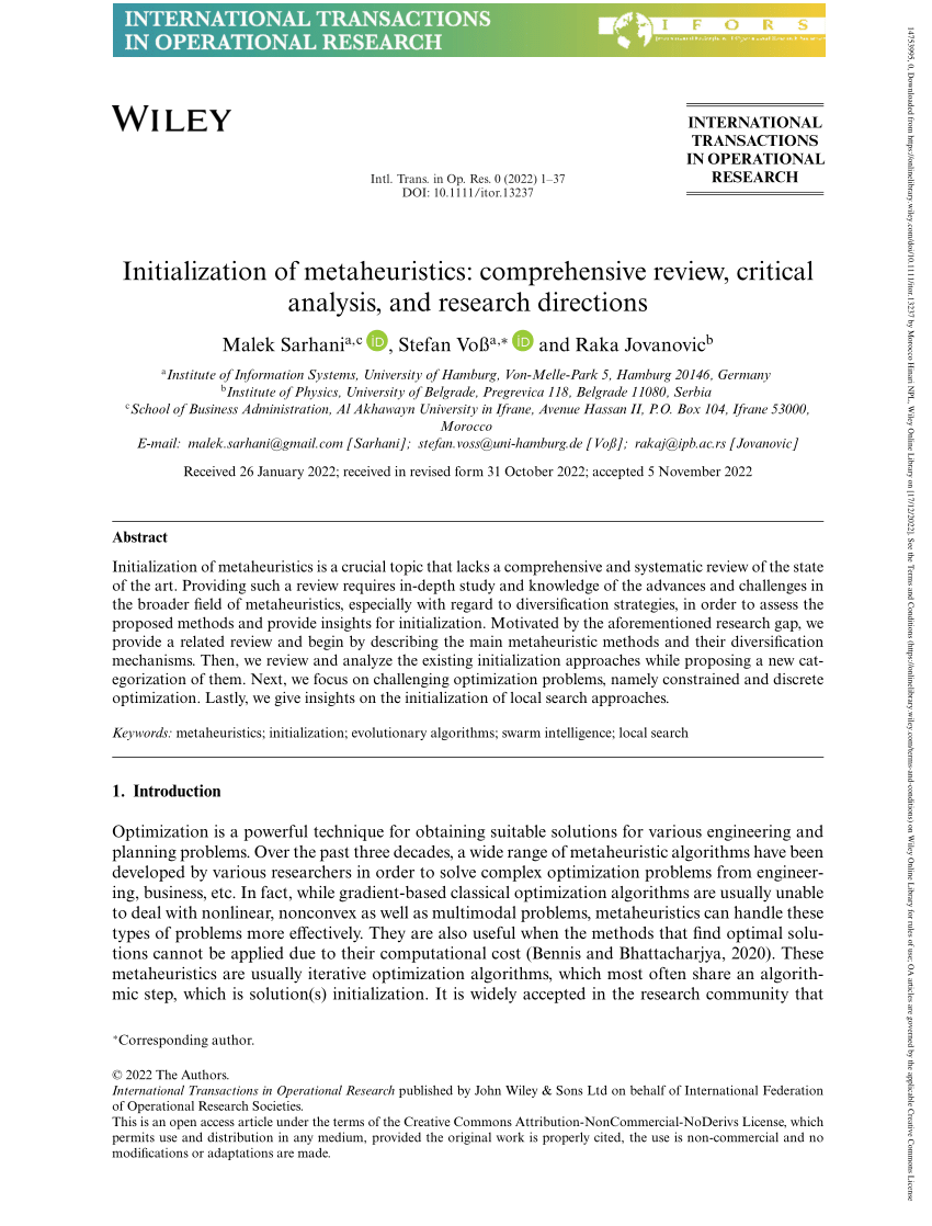 initialization of metaheuristics comprehensive review critical analysis and research directions