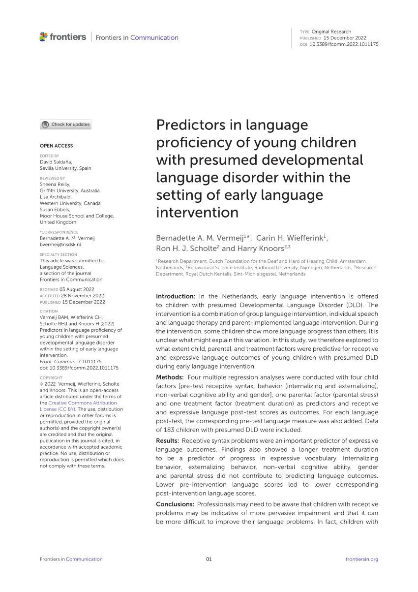 PDF) Developmental Language Disorder: Early Predictors, Age for