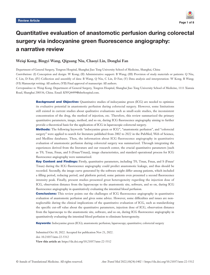 Pdf Quantitative Evaluation Of Anastomotic Perfusion During Colorectal Surgery Via Indocyanine 3682